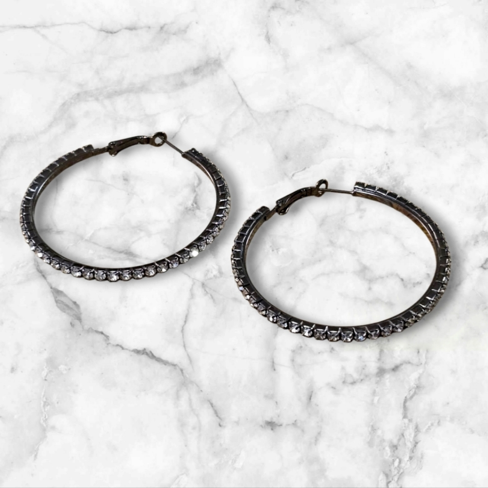 Elegant Rhinestone Gun Metal Hoop Earrings.